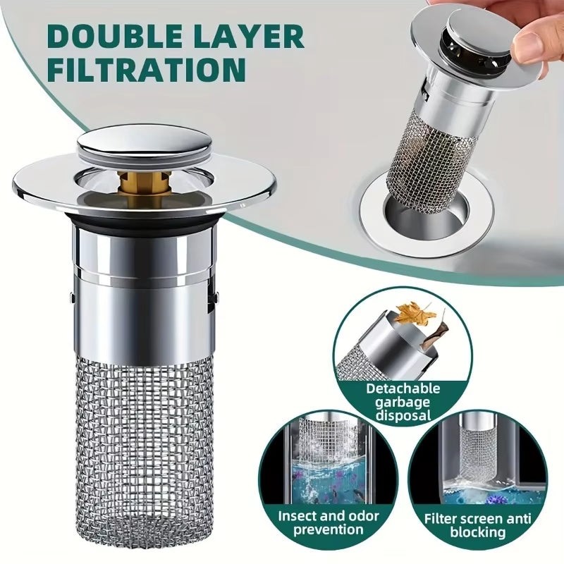 Bathroom Sink Drain Stopper, Pop up Drain Filter with Removable Filter Basket Hair Catcher
