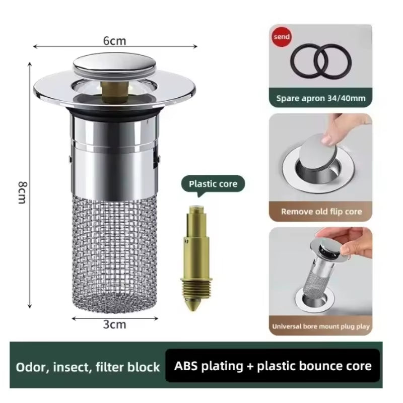 Bathroom Sink Drain Stopper, Pop up Drain Filter with Removable Filter Basket Hair Catcher