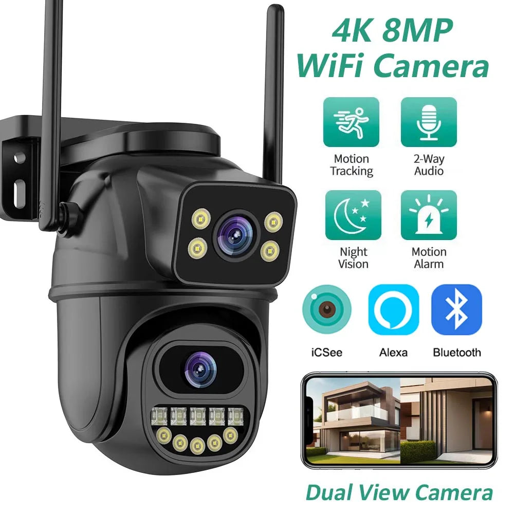 4K 8MP Dual Lens Dual Screen IP Camera Wifi PTZ Camera Outdoor 4MP AI Auto Tracking CCTV HD Audio Video Surveillance P2P Icsee