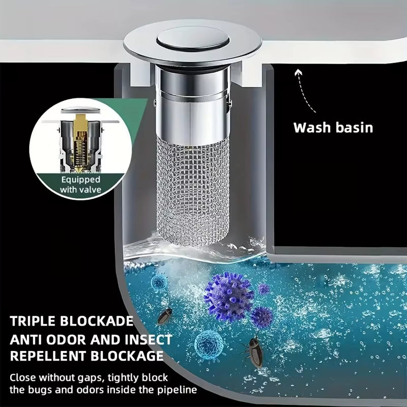 Bathroom Sink Drain Stopper, Pop up Drain Filter with Removable Filter Basket Hair Catcher